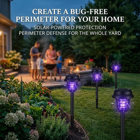 Solar Powered Outdoor Bug Zapper 4 Pack With Dual Lighting Mode 365nm UV Lure And 1000V Grid in a garden setting