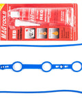 Valve cover gasket, blue silicone, front view; laid flat with circular seals and red gasket maker packaging.