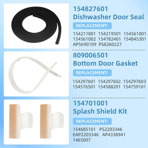 APPLIANCEMATES three dishwasher parts: 154827601 door seal (black); 809006501 bottom gasket (white); 154701001 splash shield kit (orange)
