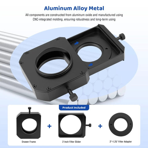 Double Magnetic Telescope Filter Drawer for astrophotography with M42x0.75 T T2 thread, aluminum alloy construction shown.