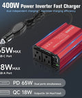 Ride Ready 12V DC To 110V AC Car Power Inverter 400W with dual sockets, USB-C and USB-A ports for fast charging.