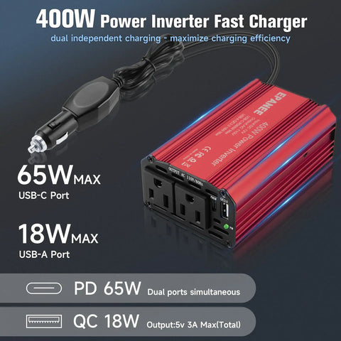 Ride Ready 12V DC To 110V AC Car Power Inverter 400W with dual sockets, USB-C and USB-A ports for fast charging.