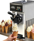 Heavy Duty Commercial Ice Cream Machine dispensing soft serve into a cone with various ice cream flavors in the background.