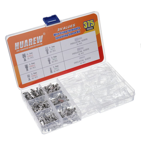 Comprehensive Wire Crimp Terminal Kit With 2.8mm, 4.8mm, And 6.3mm Male And Female Spade Connectors open box view