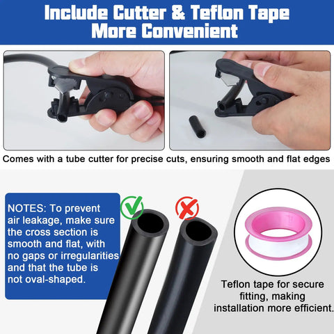 Hands using cutter for Three Eighths Inch DOT Air Line Hose Fifty Feet Black SAE J844 PA12 Nylon Air Brake Tubing with Teflon Tape