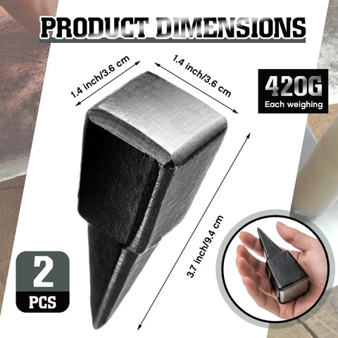 Two Piece Peening Anvil Set For Scythe Blades In Drop Forged Steel With Flat Striking Surface And Glossy Finish, dimensions shown