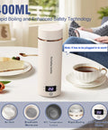 Portable Travel Electric Kettle With Four Temperature Presets 400Ml Mini Hot Water Boiler 304 Stainless Steel Beige on table