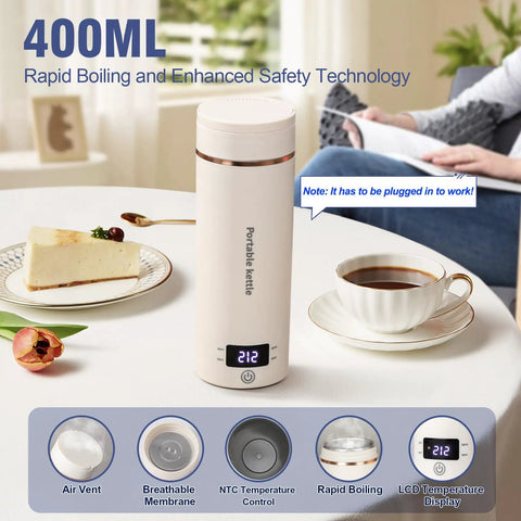 Portable Travel Electric Kettle With Four Temperature Presets 400Ml Mini Hot Water Boiler 304 Stainless Steel Beige on table