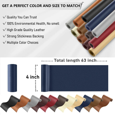 Dark blue self adhesive leather repair tape kit 4x63 inch leather patch for furniture car seats sofas couches boat seats.