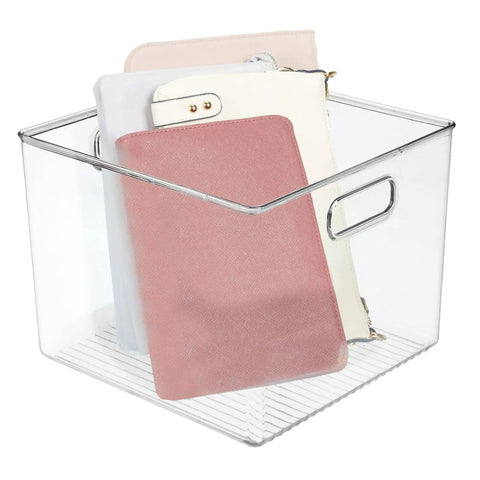 Small Modern Plastic Storage Organizer Bin With Easy Grab Handles For Home Closet Organization See Through Clear Finish Ideal For Shelves Cubbies Cabinets And Cupboards Perfect Shoe Stash Box For Shoes Accessories And Small Essentials holding items