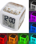 Straight Fire Floral Cube Digital Alarm Clock With Seven Color LED Nightlight featuring sleek design and smooth silicone buttons.
