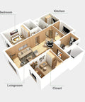 3D floor plan with labeled bedroom, living room, kitchen, and closet areas, showing furniture layout and room connections.