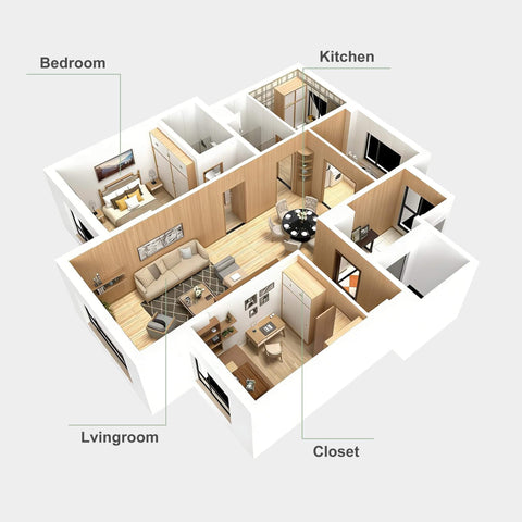3D floor plan with labeled bedroom, living room, kitchen, and closet areas, showing furniture layout and room connections.