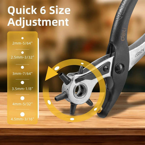 Heavy Duty 9 Inch Leather Hole Punch Tool Rotary Belt Hole Puncher With Ergonomic Non Slip Handle And Six Punch Sizes