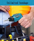 Cordless Lithium Electric Hammer Drill And Impact Driver Kit Featuring Fast Charging Battery held by a person in a tool belt.