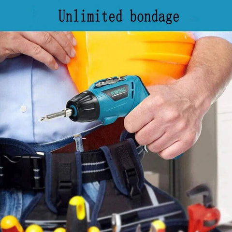 Cordless Lithium Electric Hammer Drill And Impact Driver Kit Featuring Fast Charging Battery held by a person in a tool belt.
