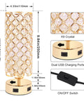 Gold Crystal Bedside Lamps Set Of 2 With Dual USB Charging Ports, detailed close-up of lamp dimensions, K9 crystals, switch.