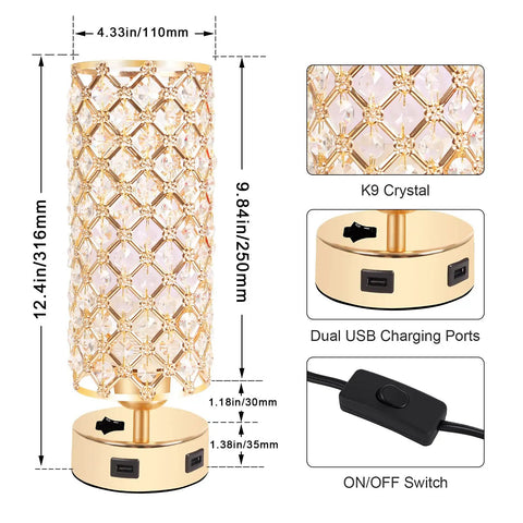 Gold Crystal Bedside Lamps Set Of 2 With Dual USB Charging Ports, detailed close-up of lamp dimensions, K9 crystals, switch.
