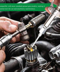 Close-up view of Grease Gun Needle Tips 5 Piece Set With Straight And Bent Nozzles And Three Needle Tips With Protective Caps For Ball Joints Bushings Bearings Garage Ready Lubrication Fitting Tool Kit in use on engine part.