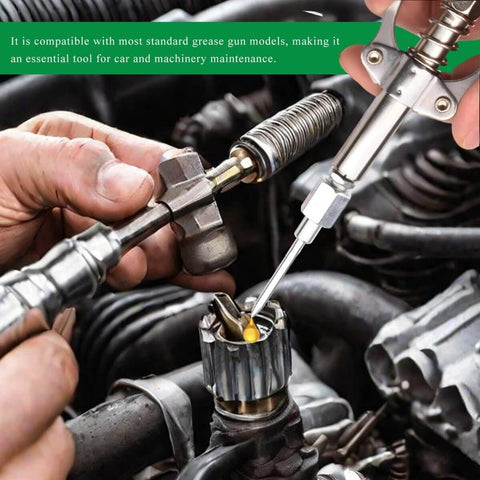 Close-up view of Grease Gun Needle Tips 5 Piece Set With Straight And Bent Nozzles And Three Needle Tips With Protective Caps For Ball Joints Bushings Bearings Garage Ready Lubrication Fitting Tool Kit in use on engine part.