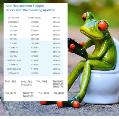 List of Toto models compatible with Universal 3 Inch Flush Valve Toilet Flapper next to green frog figurine on toilet.