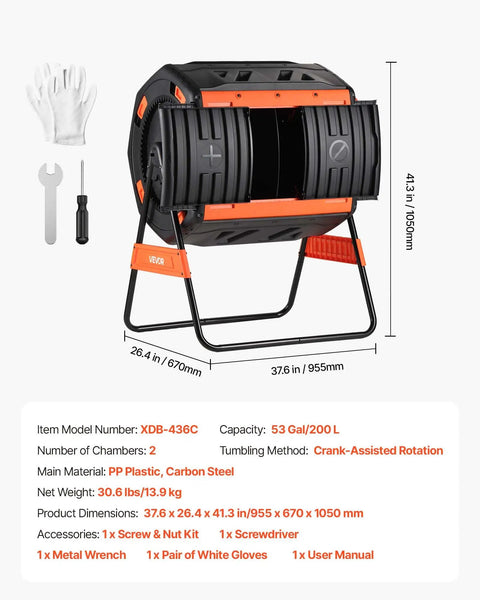 53 Gallon Dual Chamber Compost Tumbler With Easy Turn Rotating Bin And Aeration System Dual Sliding Doors For Quick Load