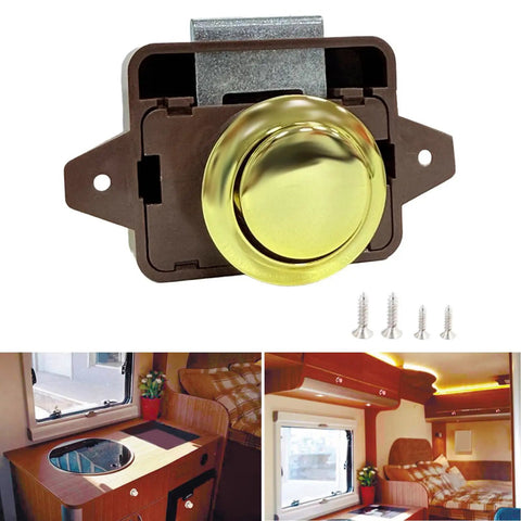 Keyless Button Latch For Campers And Furniture Push Cabinet Lock with screws, marine grade for 15-18mm doors in RV interior