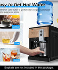 Hot And Cold Tabletop Water Dispenser With Three Temperature Settings Fits 1.2, 3, And 5 Gallon Bottles Ideal For Home Office Dorm Room And Bedside Use, shown dispensing water with a hand holding a glass.