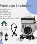 Package contents for Plug And Play Carb Kit For 43cc 47cc 49cc And 50cc 2 Stroke Scooters Dirt Bikes Pocket Bikes, including parts and tools