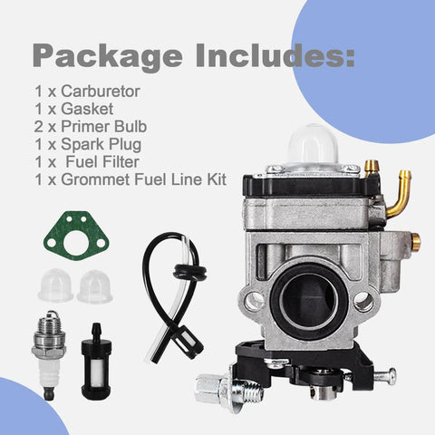 Package contents for Plug And Play Carb Kit For 43cc 47cc 49cc And 50cc 2 Stroke Scooters Dirt Bikes Pocket Bikes, including parts and tools
