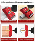 Red 30 45 90 Degree Angle Drill Guide Jig for Hand Drill with four drill bits, demonstrating use on wood and cylindrical surfaces.