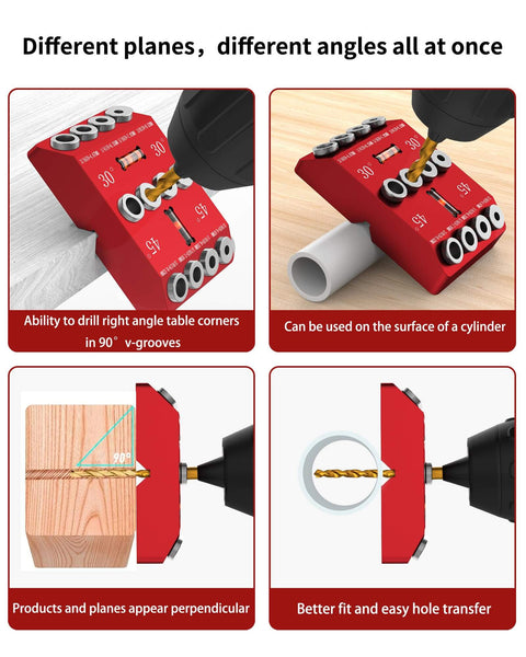 Red 30 45 90 Degree Angle Drill Guide Jig for Hand Drill with four drill bits, demonstrating use on wood and cylindrical surfaces.