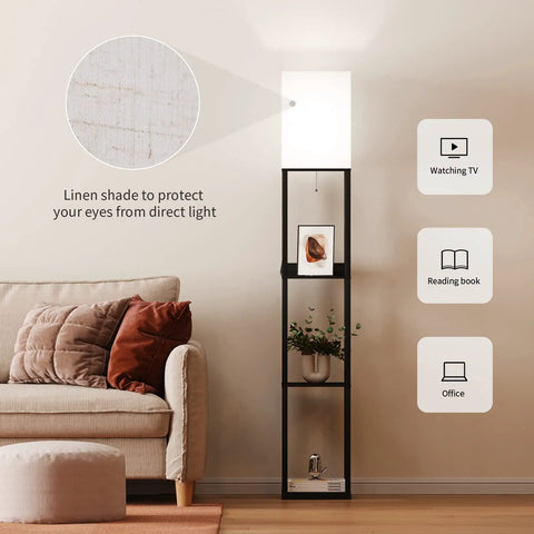 Floor Lamp With Shelves Three Tier Wooden Display Shelves USB Ports And Power Outlet Dimmable LED With 3 Color Temperatures