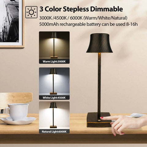 3 Color Stepless Dimmable Cordless LED Desk Lamp Pack Of 2, Rechargeable Battery Powered Table Lights Demonstrating Brightness Levels