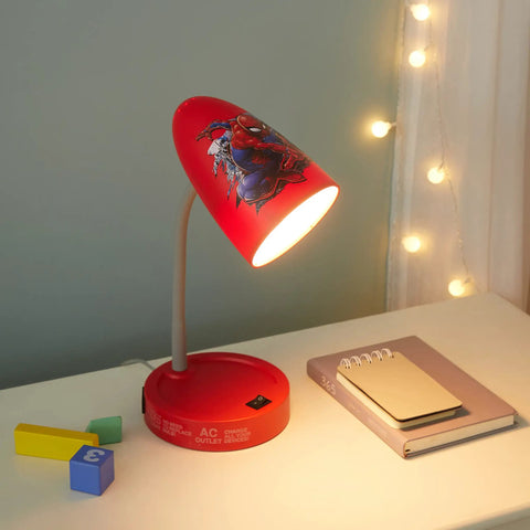 Spiderman Switch Operated LED Desk Lamp With USB Charging Outlet for Kids on desk with red base and comic graphics shade
