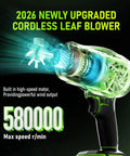Transparent view of powerful cordless leaf blower with 580000 RPM motor showcasing internal mechanics and high-speed capabilities.