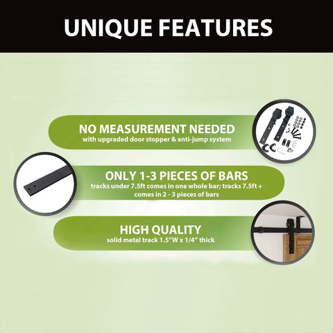 Features and components of the Black Rustic Ceiling Mount Sliding Barn Door Hardware Kit For Double Doors, 18ft Flat Track.