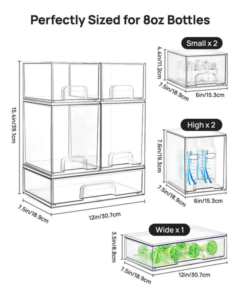 Clear Stackable Storage Drawers Set Of 5 Plastic Organizer Bins With Built In Handles For Countertop Space Saving Storage, ideal for 8oz bottles.