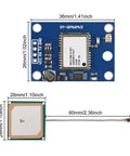 Coliao 2pcs GY-NEO6MV2 NEO-6M GPS Module with Flight Control EEPROM and Large Antenna, showing dimensions and components.