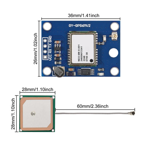 Six Pack GY-NEO6MV2 Neo-6M GPS Module with ceramic antenna showing dimensions in inches for Drones and DIY Projects