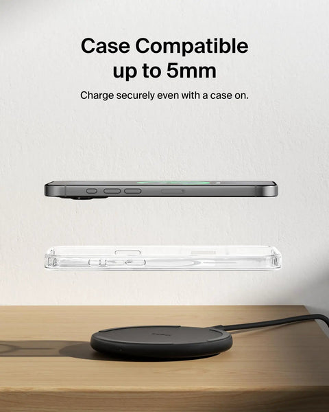 Fast Wireless Charging Pad 15W Qi Charger With Power Supply And Cable Included For Iphone 17 16 15 14 Series on wooden desk