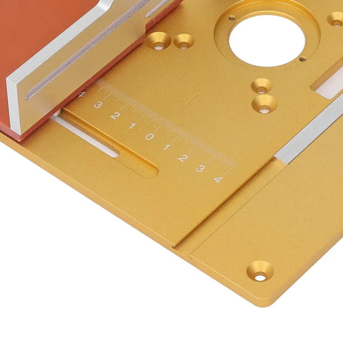 Heavy Duty Aluminum Router Lift Plate With Precision Engraved Scale For Woodworking Trimming And Engraving Machines close-up of scale and mounting area.