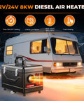 Portable Diesel Parking Heater 12V And 24V Dual Voltage 8Kw Heavy Duty Toolbox design with glow, ideal for RV and truck heating.