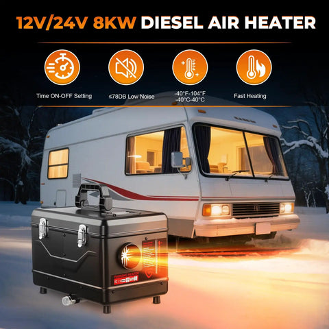 Portable Diesel Parking Heater 12V And 24V Dual Voltage 8Kw Heavy Duty Toolbox design with glow, ideal for RV and truck heating.