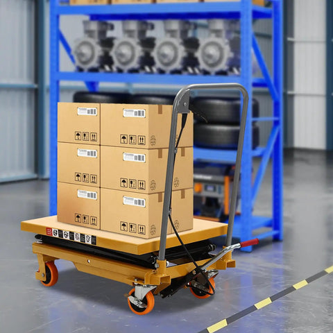 Heavy Duty Hydraulic Lift Table Cart With 330 Lb Capacity And 49 Inch Max Height Built Tough With Wear Resistant Steel Smooth Scissor Action And Roll Away Wheels For Daily Freight Moves And Workshop Chores