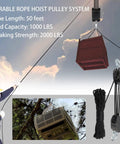 5 To 1 Block And Tackle Pulley Hoist System With 50 Ft Heavy Duty Poly Rope, 2000 Lb Breaking Strength, 1000 Lb Load Capacity, Zinc Plated Steel Wheel Block, Safe Quick Hooks, Includes Two 18 Inch Soft Loops. Rope pulley hoist lifting crate and air conditioner