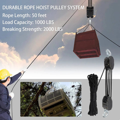 5 To 1 Block And Tackle Pulley Hoist System With 50 Ft Heavy Duty Poly Rope, 2000 Lb Breaking Strength, 1000 Lb Load Capacity, Zinc Plated Steel Wheel Block, Safe Quick Hooks, Includes Two 18 Inch Soft Loops. Rope pulley hoist lifting crate and air conditioner