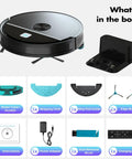 Robot Vacuum And Mop Combo With 3500Pa Suction, Kickass WiFi App Control And Remote, 2 In 1 Cleaning Robot, Dustbin And Water Tank, Great For Pet Hair On Hard Floors And Low Pile Carpet Black shown with included accessories: charging base, water tank, mopping cloth, mop pad holder, edge brushes, instructions, power adapter, dust removal brush.
