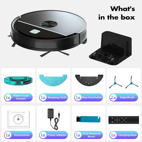 Robot Vacuum And Mop Combo With 3500Pa Suction, Kickass WiFi App Control And Remote, 2 In 1 Cleaning Robot, Dustbin And Water Tank, Great For Pet Hair On Hard Floors And Low Pile Carpet Black shown with included accessories: charging base, water tank, mopping cloth, mop pad holder, edge brushes, instructions, power adapter, dust removal brush.