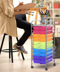 10 Drawer Rolling Storage Cart With Removable Drawers, Universal Casters And Two Brakes, Flexible Organizer For Home And Office, Rainbow Finish